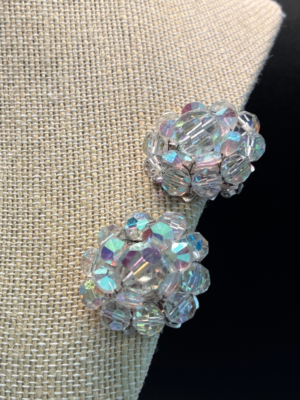 Vintage designer Marvella Aurora Borealis crystal cluster clip-on earrings